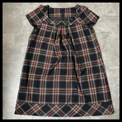 チェック柄 スクエアネック ワンピース 半袖 膝丈 レトロ レディース 古着