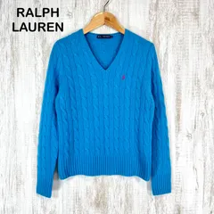 RALPH LAUREN ラルフローレン ポニー ロゴ刺繍 Vネック 長袖 カシミヤ ウール ケーブルニット 長袖 セーター ブルー レディース トップス