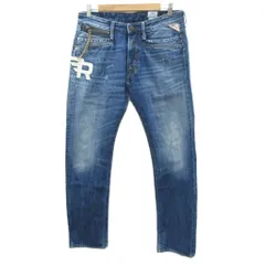 リプレイ REPLAY デニムパンツ ジーンズ ストレート ロング丈 ウォッシュ加工 W32 L32 青 ブルー プリントデザイン /SM24 ■GY58