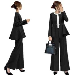 【新品】 [DYIOPMFGZ] ダークスーツ パンツスーツ レディース フォーマルウェア コート ジャケット 上下セット ロングパンツ アウター ズボン ノーカラー OL 通勤 フォーマル カジュアル 長袖 ママ 入園式 卒業式 洋服 春夏秋冬 (ブラッ 0