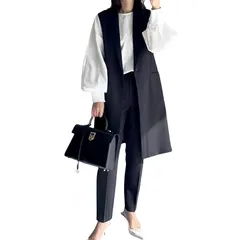 【新品】 [YUANYUAN] レディース 2点セット ロングジレ+ガウチョパンツ セットアップ パンツスーツ 上下セット ジレセットアップ スーツ 中央ボタン vネック 袖なし 後ろスリット オフィス ビジネス おしゃれ OL ママ 通勤 発表会 入学式 1
