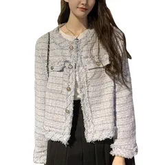 【新品】 [Muzly] ジャケット ツイード ノーカラー アウター レディース カジュアル フォーマル 卒業式 入学式 スーツ 春 秋 冬 (JP, アルファベット, 2XL, ライトブルー) 1