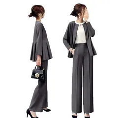 【新品】 [DYIOPMFGZ] セットアップ スーツ レディース フォーマルウェア ジャケット 上下セット パンツスーツ ロングパンツ アウター ズボン プリーツ ノーカラー OL 通勤 入学式 入園式 卒業式 洋服 春夏秋冬 (グレー,L) 1