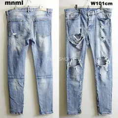 mnml　ミニマル　サイドジップ クラッシュスキニーデニム　W103cm / W36 / 2XL　スーパーストレッチ　ライトブルー　ビッグサイズ　メンズ