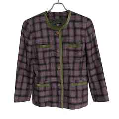  leilian レリアン ノーカラー ジャケット コート チェック パープル ウール カジュアル レディース 9【ZK42】