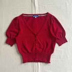 希少　～00s　BUBERRY LONDON BLUE LABEL　バーバリー　薄手コットンニット生地　半袖カーディガン　胸元ホースロゴ刺繍　裾フリル　短丈　パフスリーブ　レッド　赤　38　Y2K　平成ギャル　グランジ　frill knit cardigan