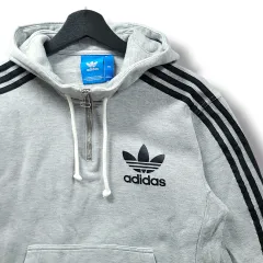 90 アディダス グレー&ブラックLINE トレフォイル フレンチテリー ハーフジップ フード Anorak（アノラック）