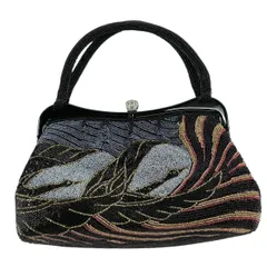 【美品】 和装バッグ 優品 ビーズバッグ フォーマル 鳥 黒 ビーズ 和装小物  【中古】