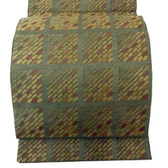 【美品】 袋帯 秀品 格子 幾何学 茶緑色 六通 正絹 【中古】