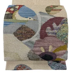 【美品】 袋帯 秀品 鳥 草花 箔 クリーム お太鼓柄 正絹 【中古】