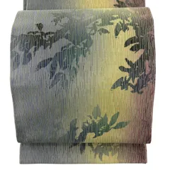 【美品】 袋帯 秀品 室華風 落款 葉柄 シルエット 金糸 ぼかし 青灰色 全通 正絹 【中古】