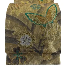 【美品】 袋帯 秀品 振袖向き 蝶 桜 金糸 箔 金色 六通 正絹 【中古】