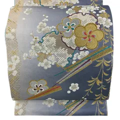 袋帯 秀品 鈴乃屋 雪輪 枝梅 箔 唐織 青灰色 六通 正絹 【中古】