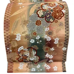 【美品】 袋帯 秀品 関西仕立て 桜 楓 唐織 箔 オレンジ 六通 正絹 【中古】