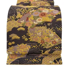 【美品】 袋帯 秀品 扇面 鶴 金糸 箔 茶紫 六通 正絹 【中古】