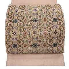 袋帯 名品 花 花唐草 相良刺繍 ピンクベージュ お太鼓柄 正絹 【中古】