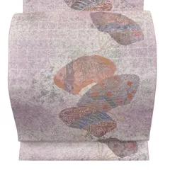 袋帯 名品 琳派調扇面 格子 金糸 箔 薄紫 お太鼓柄 正絹 【中古】