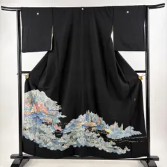 黒留袖 身丈158cm 裄丈62.5cm S 袷 落款 家屋 樹木 黒 正絹 秀品 【中古】
