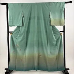 付下げ 身丈162.5cm 裄丈65cm M 袷 蘇州刺繍 草花 霞 金銀糸 薄緑 正絹 秀品 【中古】