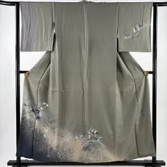 付下げ 身丈157cm 裄丈63cm S 袷 落款 草花 樹木 銀彩 ぼかし 灰緑 正絹 秀品 【中古】
