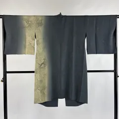 【美品】 道中着 身丈100cm 裄丈66.5cm M 和装コート 葉と実 ぼかし 灰緑 正絹 逸品 【中古】