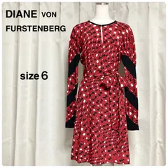 ■美品■DIANE VON FURSTENBERG ダイアンフォンファステンバーグ　カシュクールラップワンピース　ひざ丈　長袖　size６(M〜細身L相当) 不定形スクエアモチーフ　混紡(シルク100%×ポリエステル100%) レッド×ブラック×ホワイト