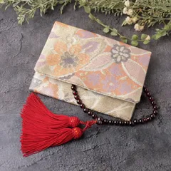 帯リメイク　数珠入れ　数珠ケース　念珠入れ　袱紗タイプ　J-15-067   ハンドメイド　佐賀錦　銀