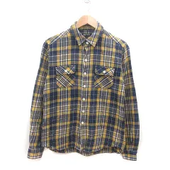 ビームスハート BEAMS HEART シャツ チェック 長袖 M 黃 イエロー 紺 ネイビー 白 ホワイト /MS