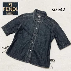 ■極美品■FENDI フェンディ　ブラックデニムシャツ　半袖　サイドスリット　裾ロゴリボン　コットン100% レディース　size42(M相当) イタリア製　春夏　ラグジュアリー　高級　ハイブランドのサムネイル