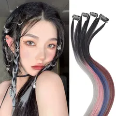 つけ毛 エクステ ワンタッチ ストレート 部分つけ毛 ポイントエクステ ブルー ピンク パープル グレー ゴールド グラデーション 2本セット