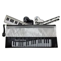 文具セット ピアノ 音符 ペンケース 消しゴム 鉛筆 15cm定規 黒 白 レッスングッズ 音楽 文房具 筆記用具 スケール 物差し ペンポーチ