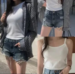 ハーフパンツ ショートパンツ + オーバーサイズ チェック柄シャツ + 白 キャミソール セット まとめ