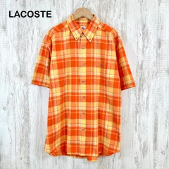 美品 LACOSTE ラコステ ワンポイント ワニロゴ刺繡 チェック 総柄 BD ボタンダウン 半袖 シャツ オレンジ メンズ トップス ビッグシルエット