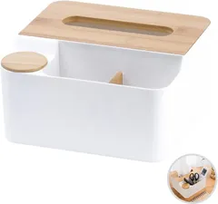 せんふう ティッシュケース 収納付き ティッシュボックス リモコンラック リモコン収納 小物入れ 卓上 木目 (ホワイト,  普通)