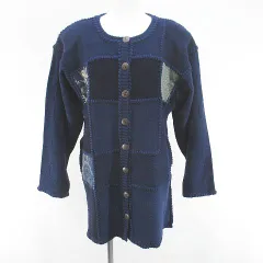 あいびぶれ 長袖 カーディガン ニット ミディアム丈 FREE 紺系 ネイビー 日本製 パッチワーク 肩パット 毛 ウール タグ付