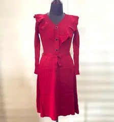 【K-1】赤いフリル付きロングニットワンピース　Sサイズ相当 赤　レッド　レディース　春　冬