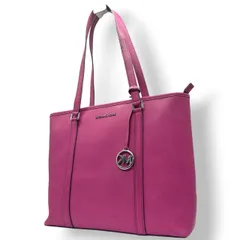 【美品】マイケルコース MICHAEL KORS トートバッグ ワンショルダー 肩掛け A4収納可 自立可 PVC サフィアーノ調 パープル ピンク マゼンタ 紫 シルバー金具 MKチャーム ロゴ 通勤 通学 レディース 鞄 ビジネス エレガント s87