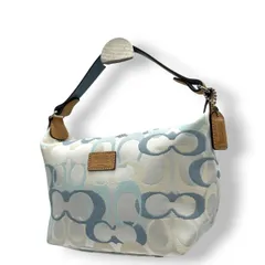 美品 コーチ COACH ハンドバッグ アクセサリーポーチ オプティック シグネチャー 1896 キャンバス レザー 本革 ブルー ホワイト 水色 白 ミニバッグ 小物入れ コンパクト レディース カジュアル サブバッグ レア 希少 鞄 カバン s81