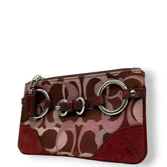 【美品】コーチ COACH コインケース 小銭入れ リストレット ポーチ 小物入れ ナイロン スエード レザー ボルドー レッド ピンク シルバー金具 リング ベルトデザイン コンパクト 軽量 レディース s3