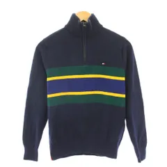 トミーヒルフィガー TOMMY HILFIGER ニット 長袖 ハイネック ハーフジップ ボーダー柄 ロゴ 刺繍 S 紺 ネイビー /BB
