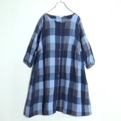 サマンサモスモス★チェック柄が可愛い♪ ふんわりシルエットワンピース 麻混 サイズM 青系 z17633