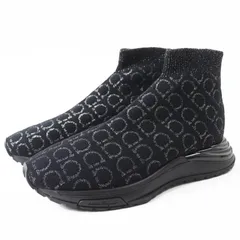 未使用品◎Salvatore Ferragamo サルヴァトーレフェラガモ ガンチーニ総柄 ニット ソックススニーカー ブラック シルバー 5.5 保存袋付き イタリア製 レディース