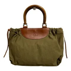 良品 IL BISONTE イルビゾンテ ウッドハンドル レザー コンビ キャンバス トートバッグ ハンドバッグ カーキ ブラウン レディース 古着 中古 USED