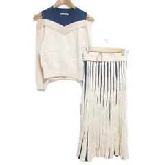 美品 REDYAZEL レディアゼル オープンショルダー ニット プルオーバー ロングスカート セットアップ F ベージュ×ブルー レディース 古着 中古 USED