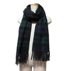 美品 Johnstons of Elgin ジョンストンズオブエルガン ブラックウォッチ カシミヤ 大判 ストール ネイビー グリーン レディース 古着 中古 USED