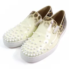 極美品○Christian Louboutin クリスチャンルブタン スパイクスタッズ レオパード柄グラデーション パテントレザー スリッポン アイボリー ブラウン系 42 メンズ