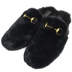美品△GUCCI グッチ ホースビット レザー使い ファー ミュール スリッパ ブラック系 ゴールド 6 箱・保存袋付き イタリア製 メンズ