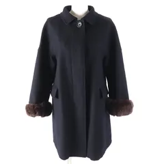 美品△MACKINTOSH PHILOSOPHY マッキントッシュフィロソフィー ウール100％ 袖口ラビットファー 裏地総柄デザイン ステンカラーコート ダークネイビー 38 日本製 正規品 レディース