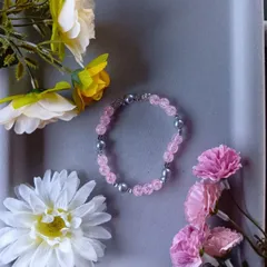 ハンドメイドビーズブレスレット／ピンク×ブルー×シルバーパーツ／18cm／ユニセックス