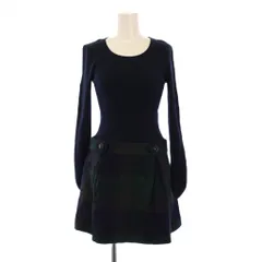 ブルーレーベルクレストブリッジ BLUE LABEL CRESTBRIDGE フレアワンピース ひざ丈 ニット 切替 クルーネック 長袖 チェック柄 ウール 38 紺 ネイビー 緑 グリーン /BB